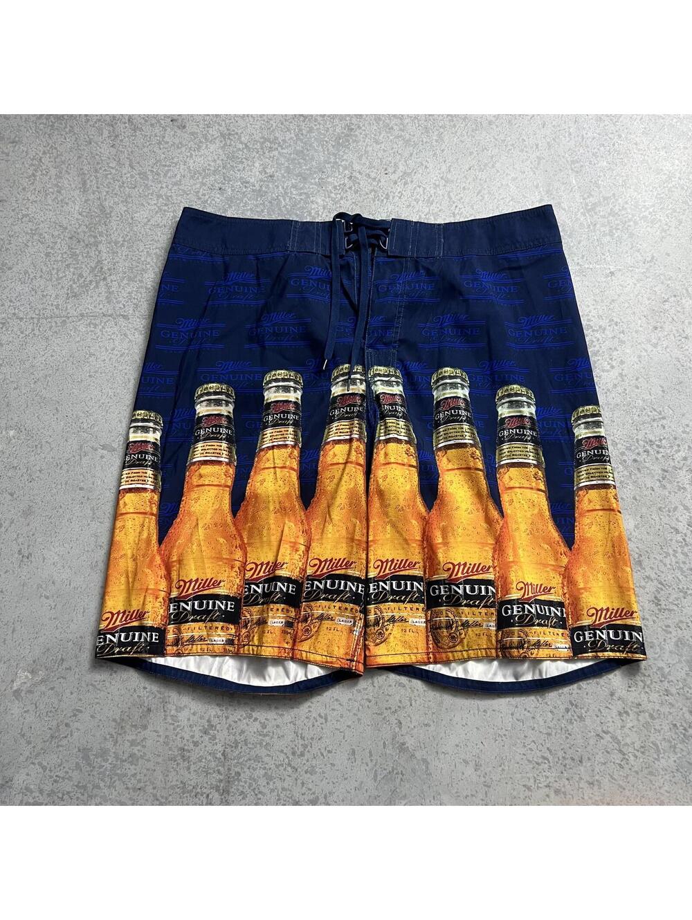 Miller Genuine Draft Graphic Board Shorts Mens Sz. XL Navy Beer Surf Swim